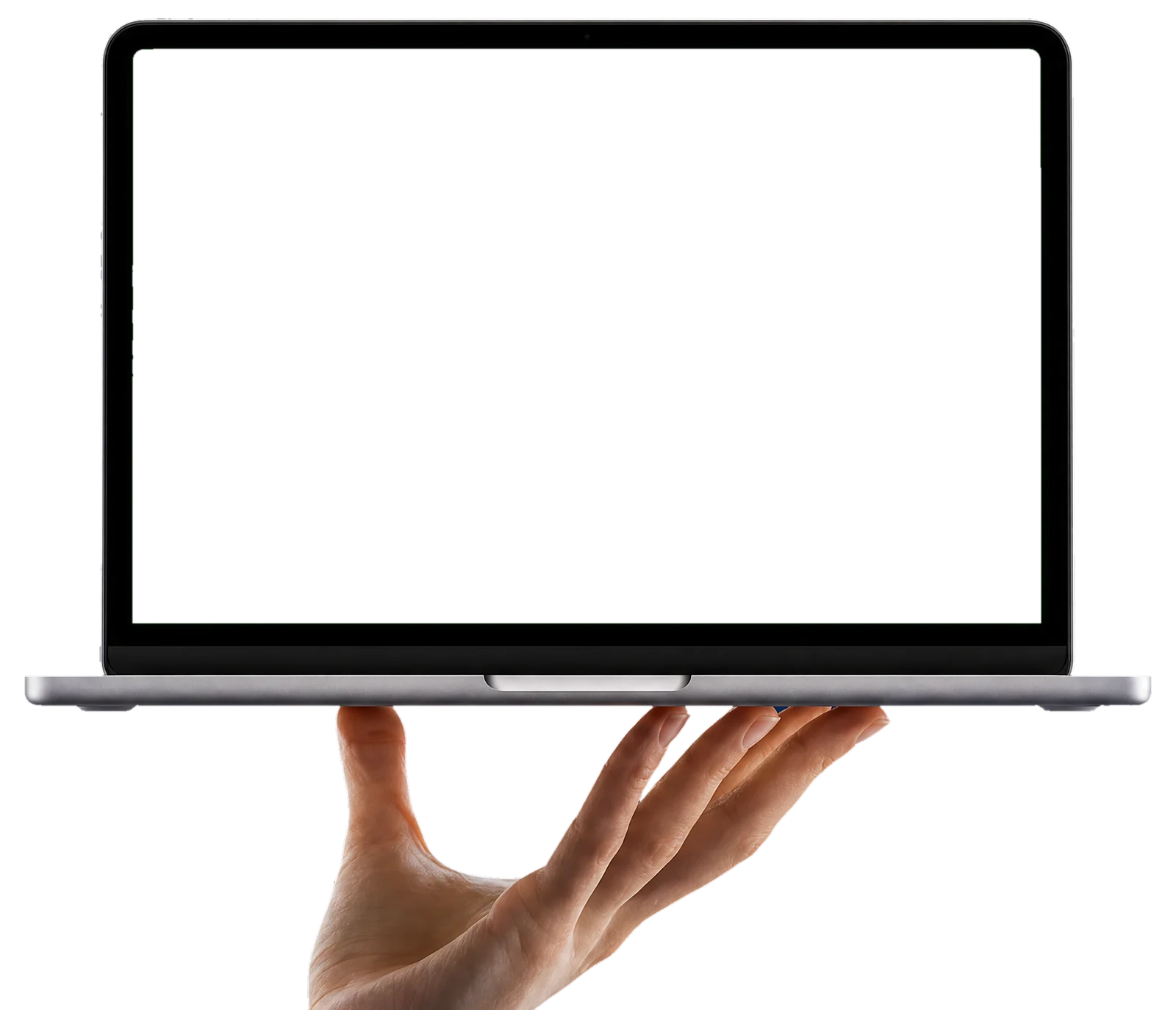 A hand holding up a laptop running the elev8 platform's alumni module: the alumni hub, the work queue, advocacy, the coordinator scorecard and the newsletter.