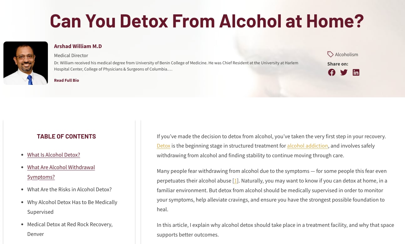 Example of a named clinical author on a treatment center article: under the headline “Can You Detox From Alcohol at Home?” the page shows the medical director’s photo, name, title and a short bio.