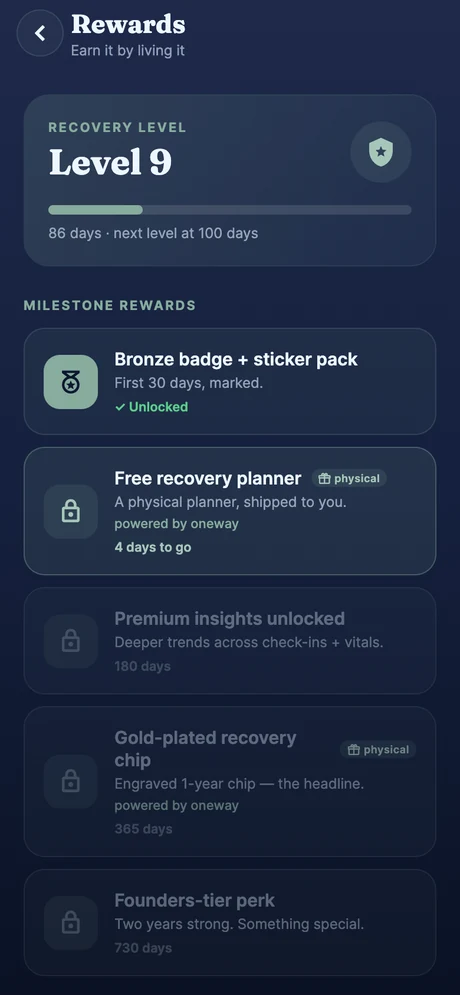 OneWay alumni app — Milestone rewards